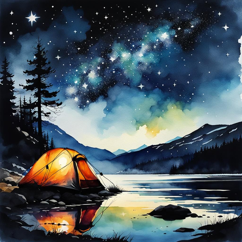 Lakeshore Tent Under Starry Sky, Watercolor Illustration