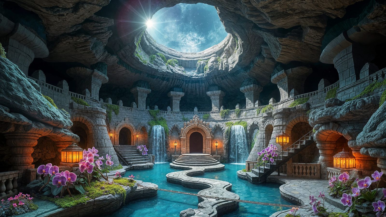 Moonlit Cavern Aqueduct with Bioluminescent Moss