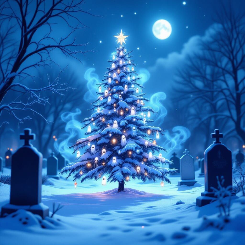 Spectral Christmas Tree in Moonlit Graveyard