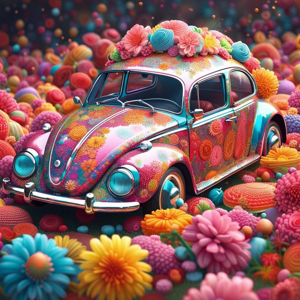 Floral VW Beetle in Candy Art Style