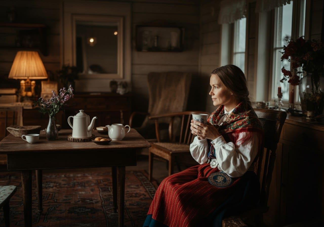 Swedish Woman in Traditional Garb with Coffee