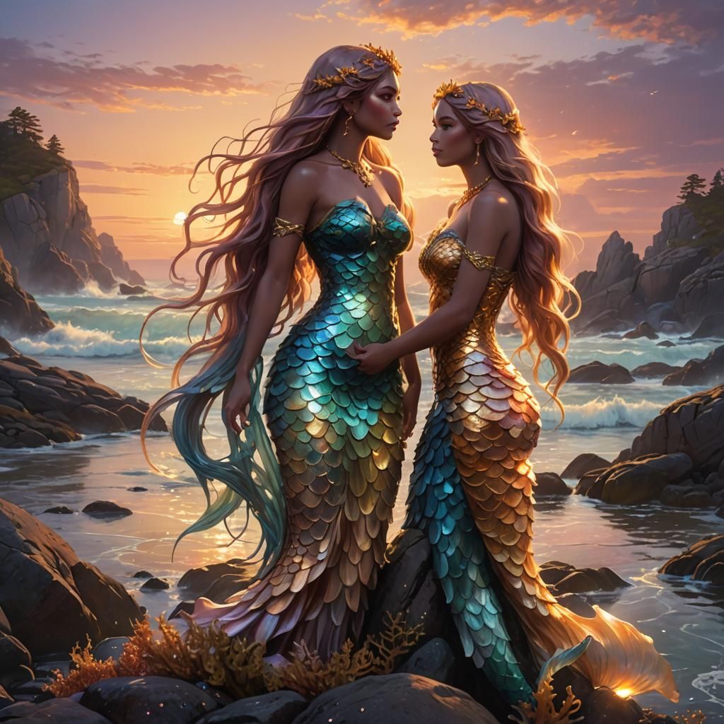 Enchanting Mermaid Sisters at Sunset: Mythic Illustration