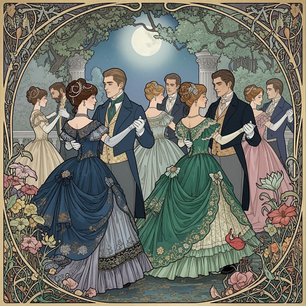 Victorian Couples Waltzing in Moonlight, Ethereal Illustrati...