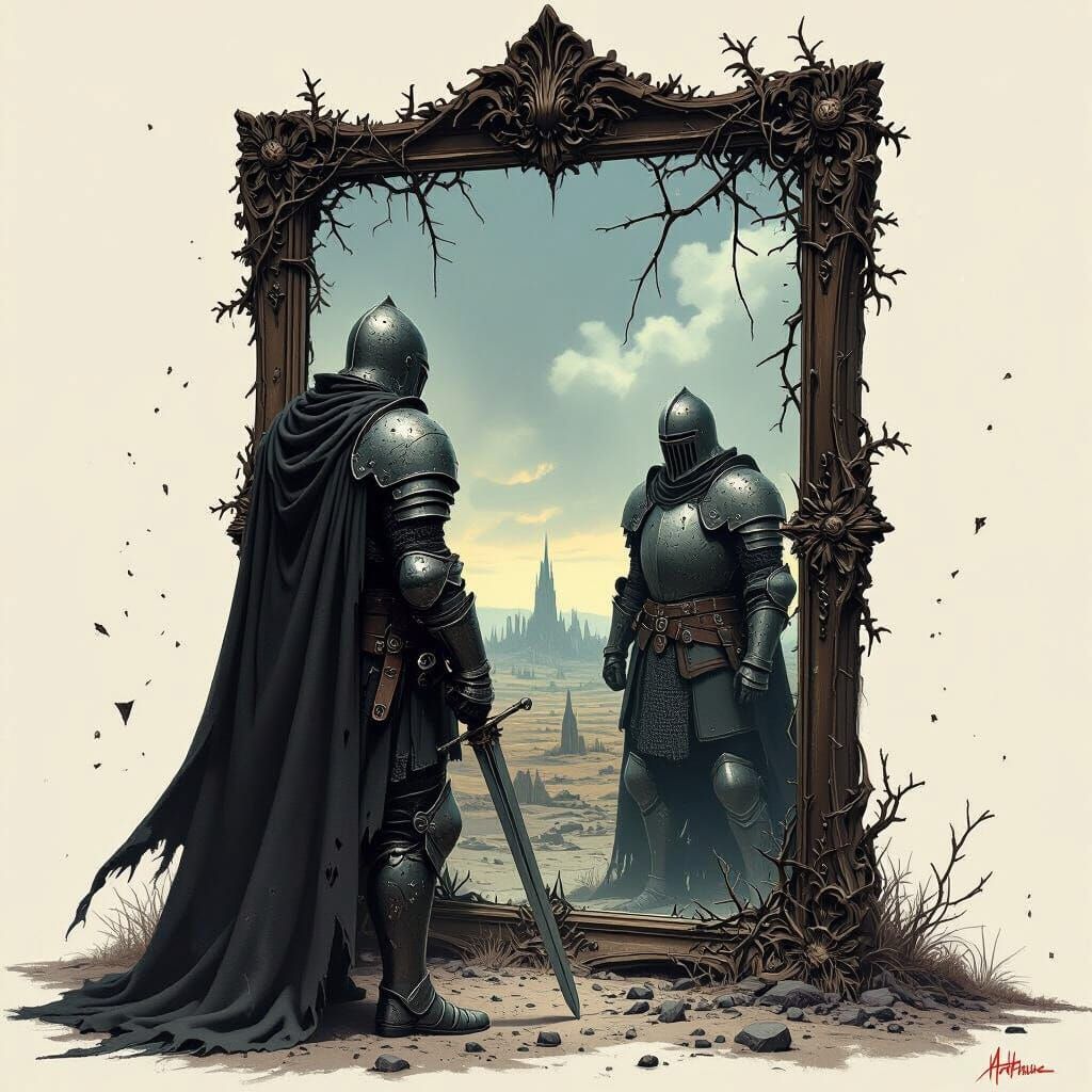Knight Before Shattered Mirror in Dark Fantasy Style