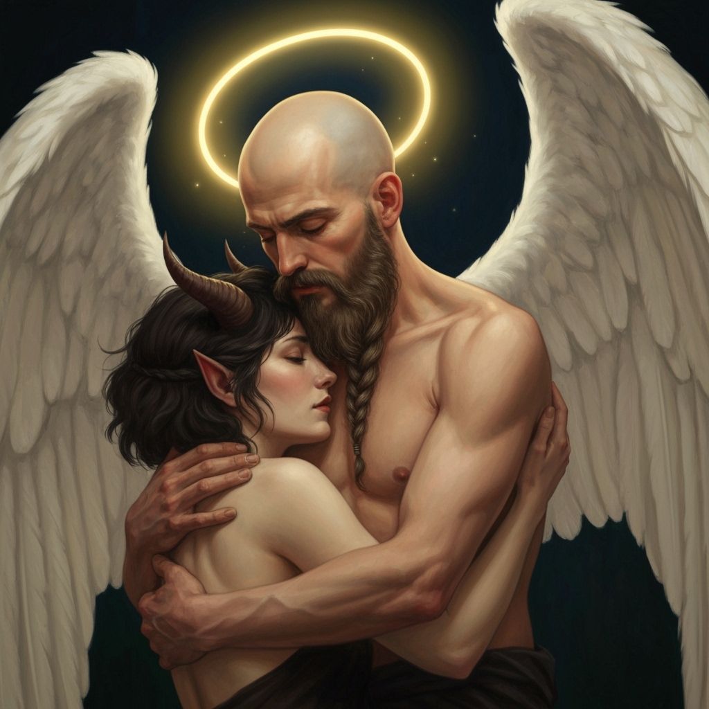Angel and Demon Embrace in Pre-Raphaelite Style