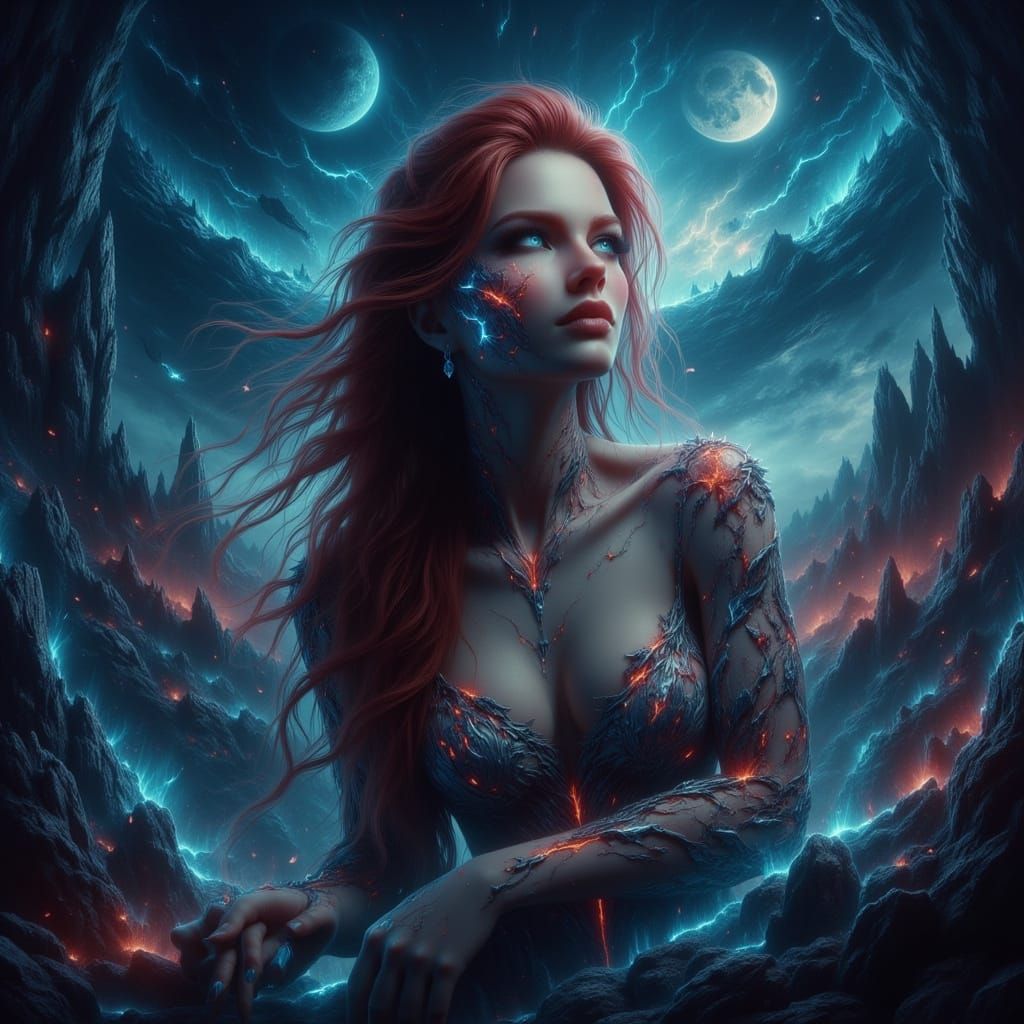 Resilient Woman Gazes at Alien World in Surreal Landscape