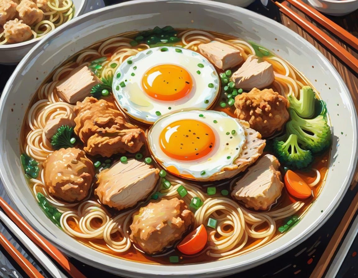 Savory Noodle Soup in Cinematic Acrylic Style