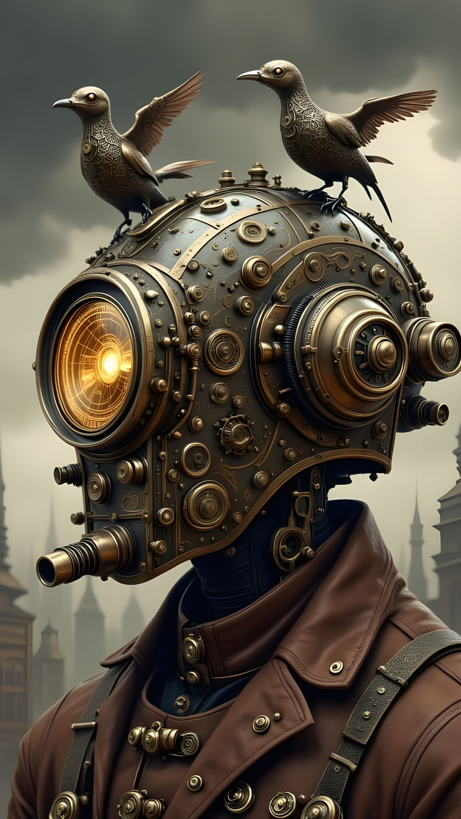 <lora:Dieselpunk Flux:1.0> A steampunk person wearing a jacket adorned with various patches and a unique helmet. The hel...