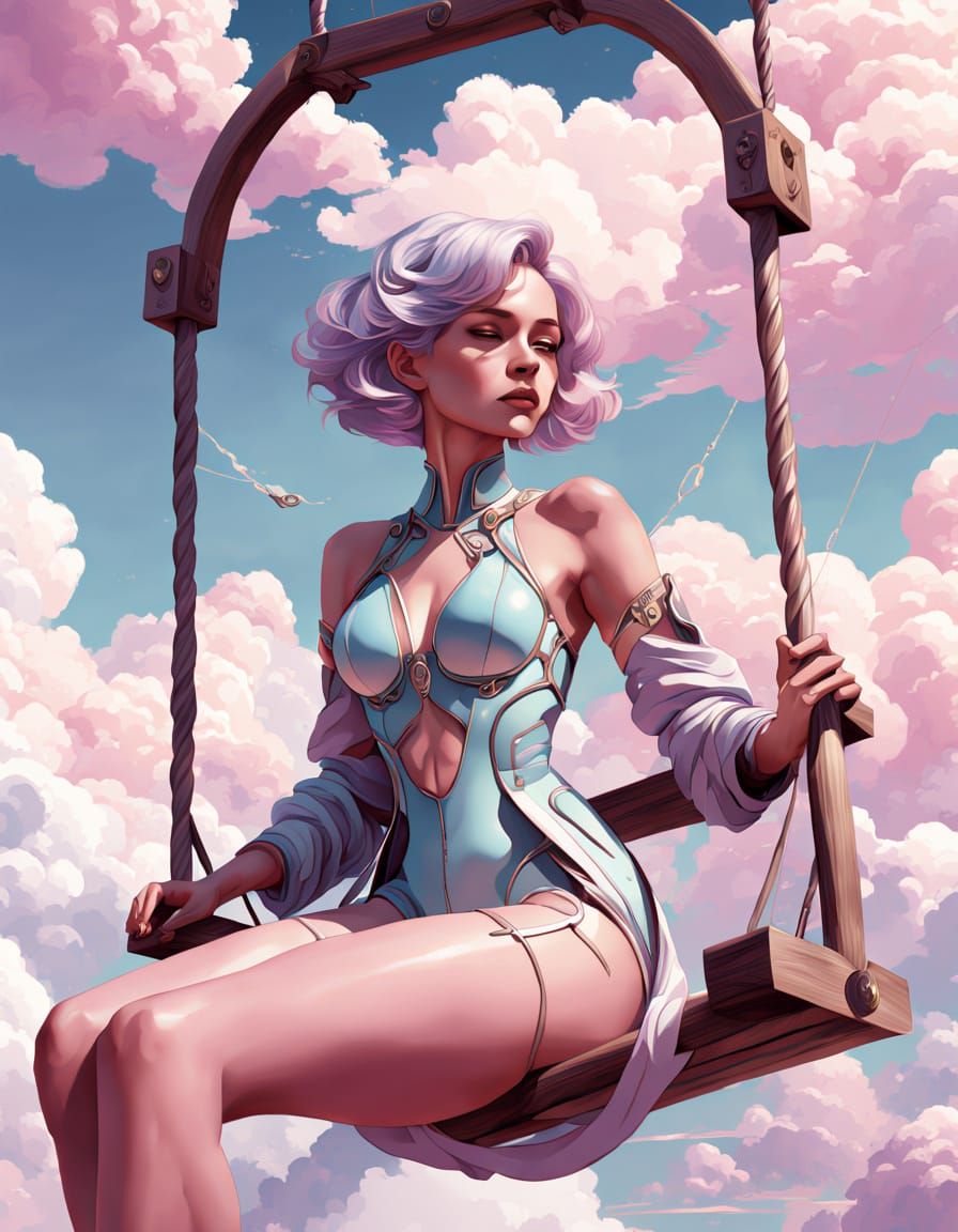 Elegant Futuristic Woman Surrounded by Clouds and Neon Accen...