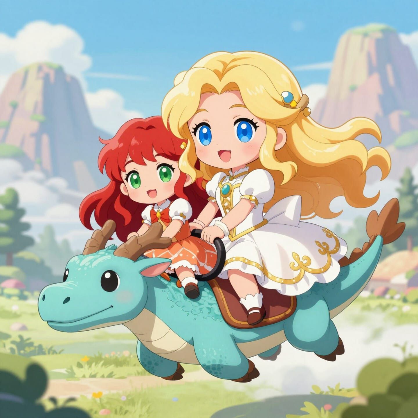 Chibi Manga Women Ride Dragon to Fantasy Mountains