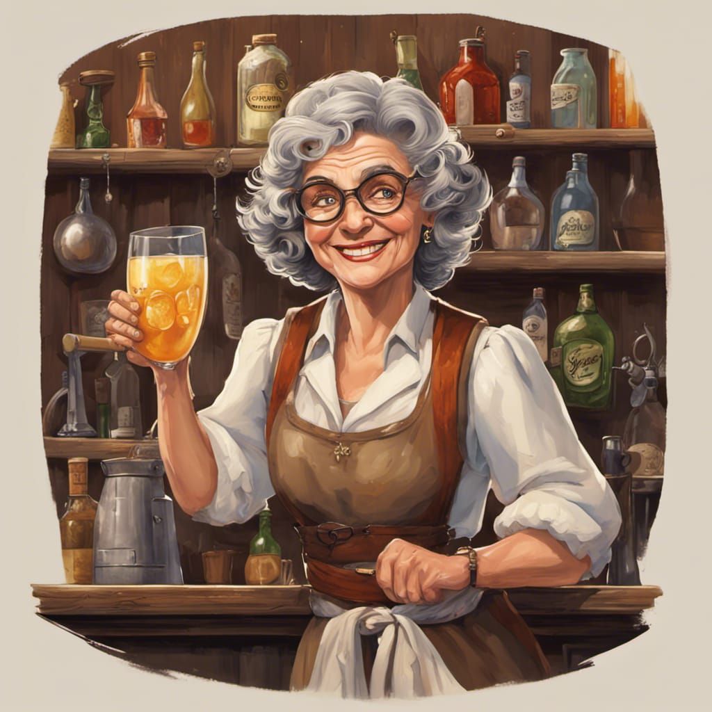 Medieval Grandmother Bartender with Sparkling Cocktail
