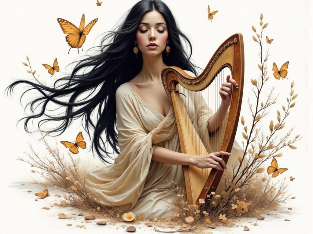 Ethereal Goddess Plays Harp in Hellenistic Style