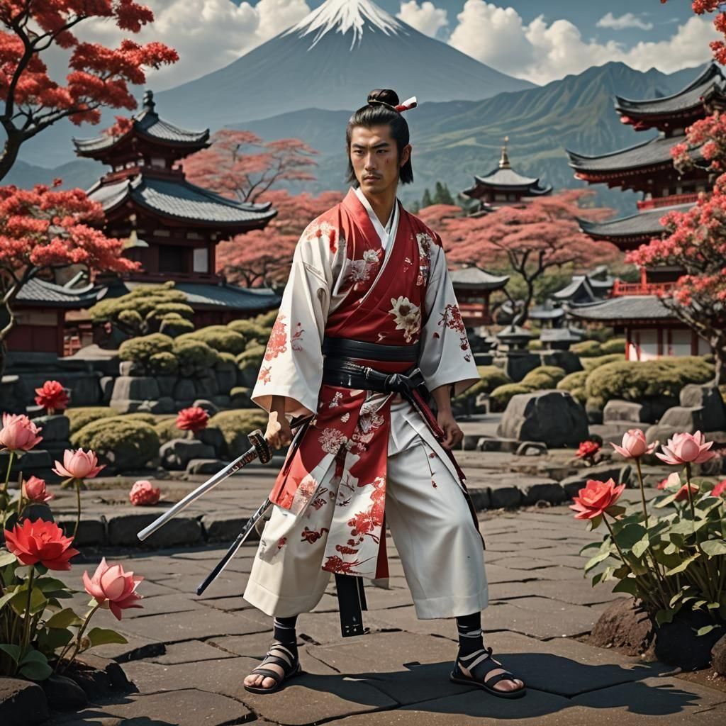Samurai Warrior with Katana and Mount Fuji