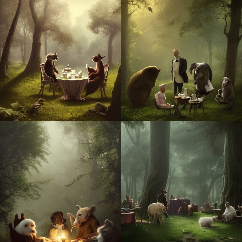 Enchanted Animal Tea Party in Dark Fantasy Style