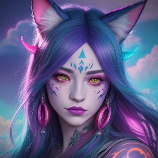 Surreal Anime Woman in Colorful Clouds