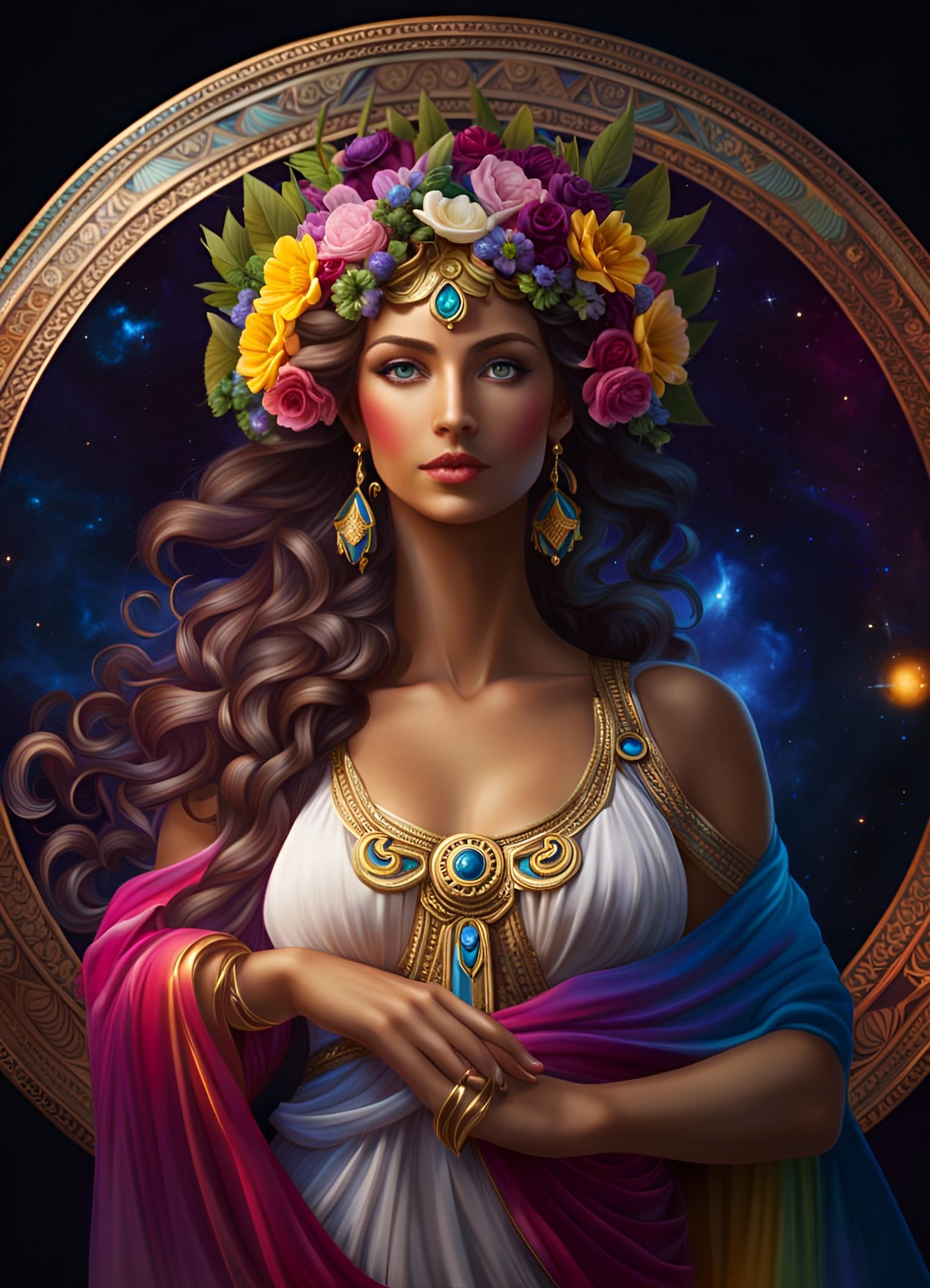 Harmonia: Beautiful Greek Goddess in Cosmic Portrait