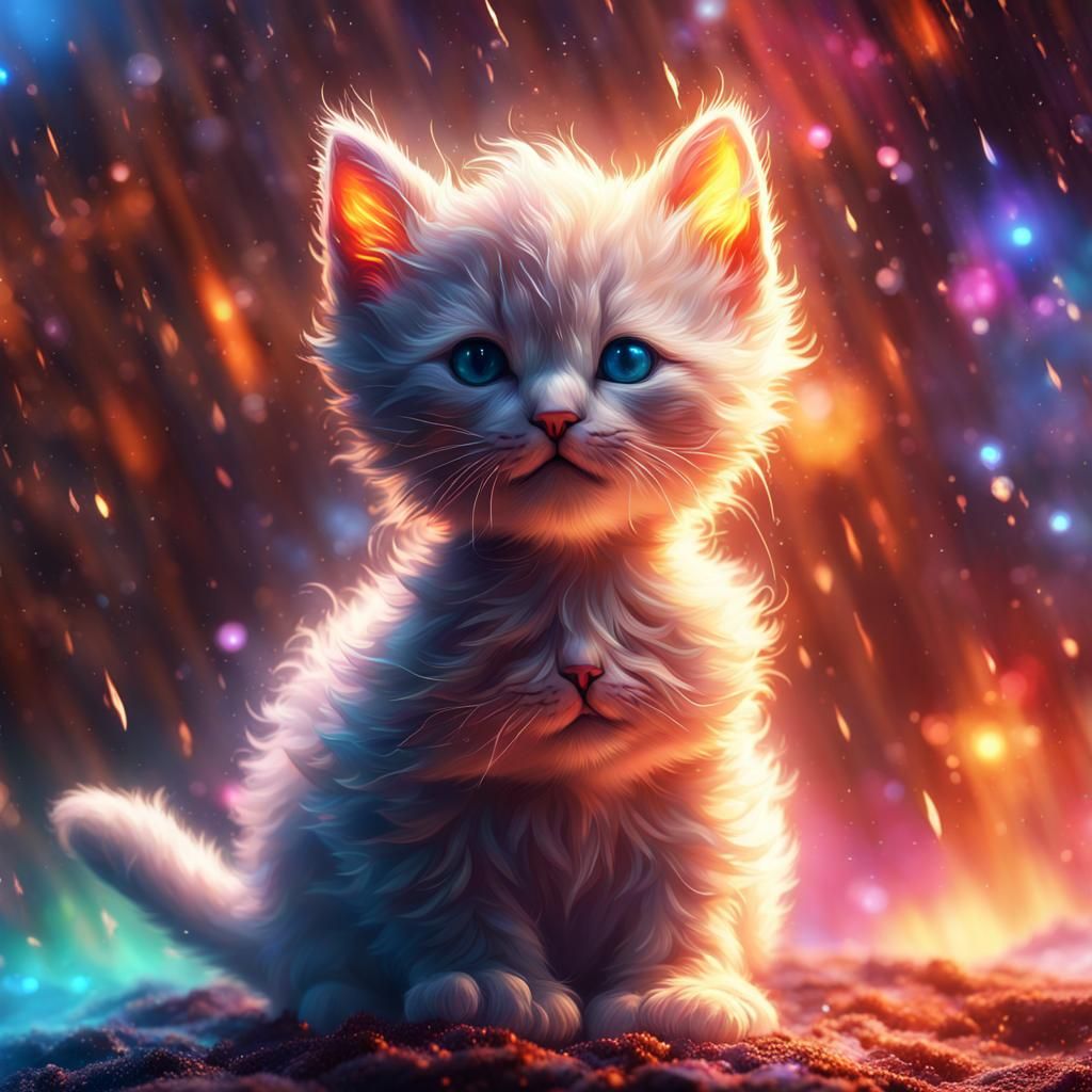 Glowing Fire Kitten in Galactic Rainbow Snow Showers
