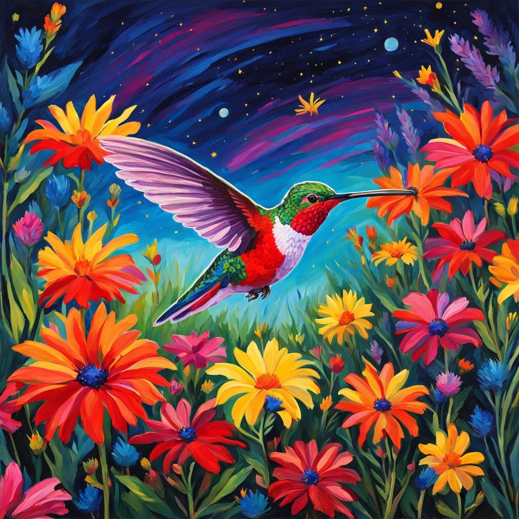 Hummingbird in Fauvist Celestial Moonlit Garden