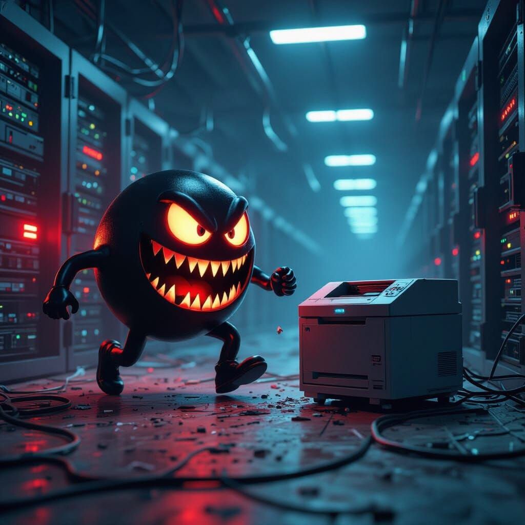 Scary Pacman Chases Fleeing Printer in Server Room