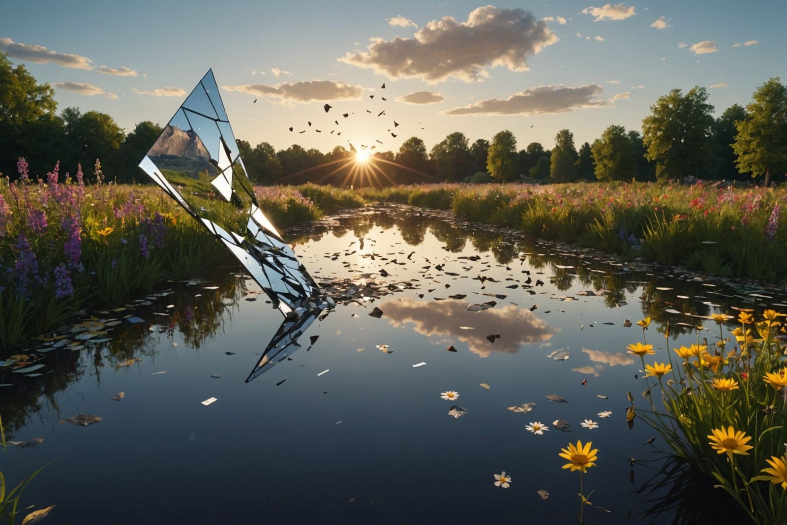 Mirror Shards Reflecting Sunrise Over Creek