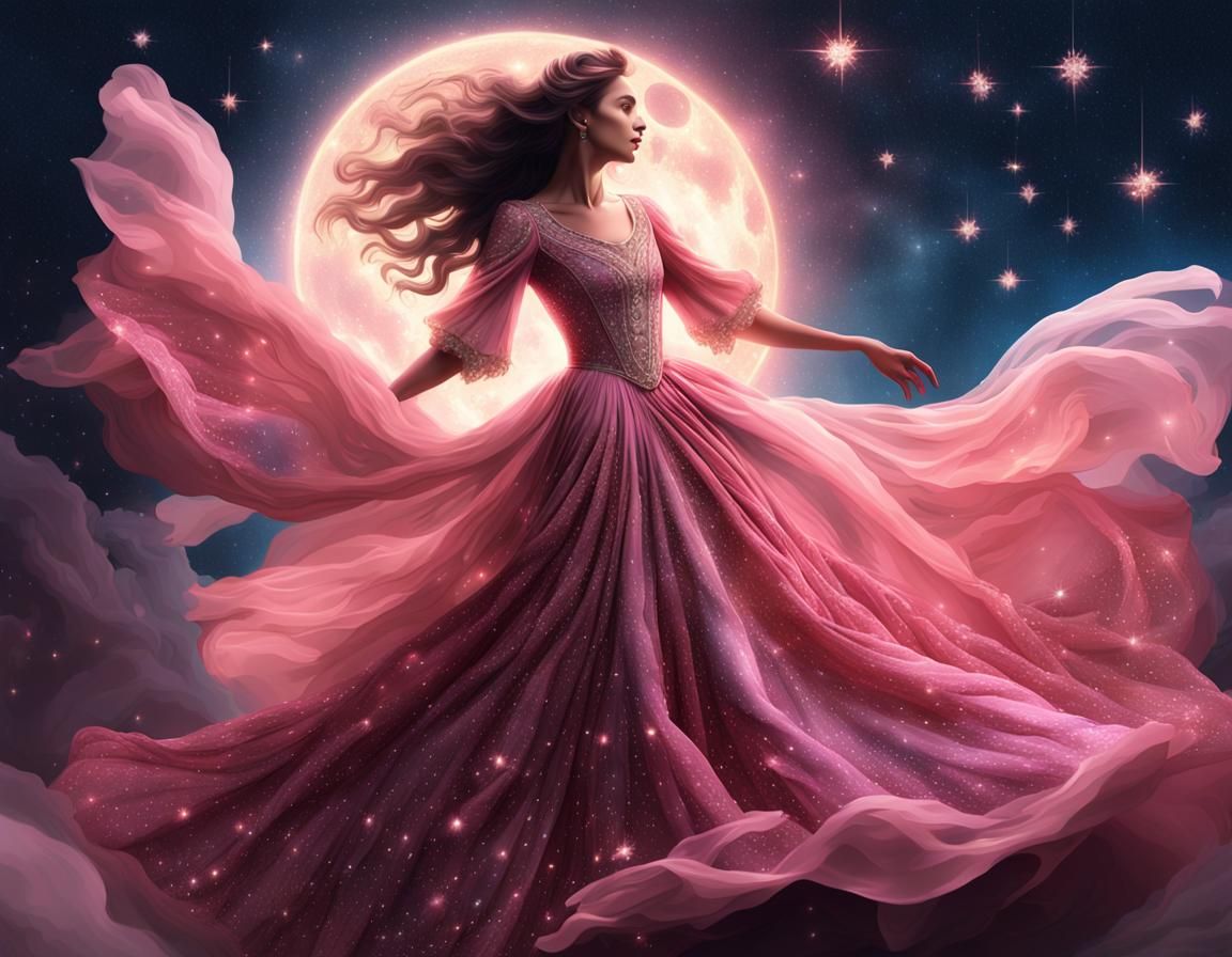 Baroque Woman Dancing Under Starry Night Sky
