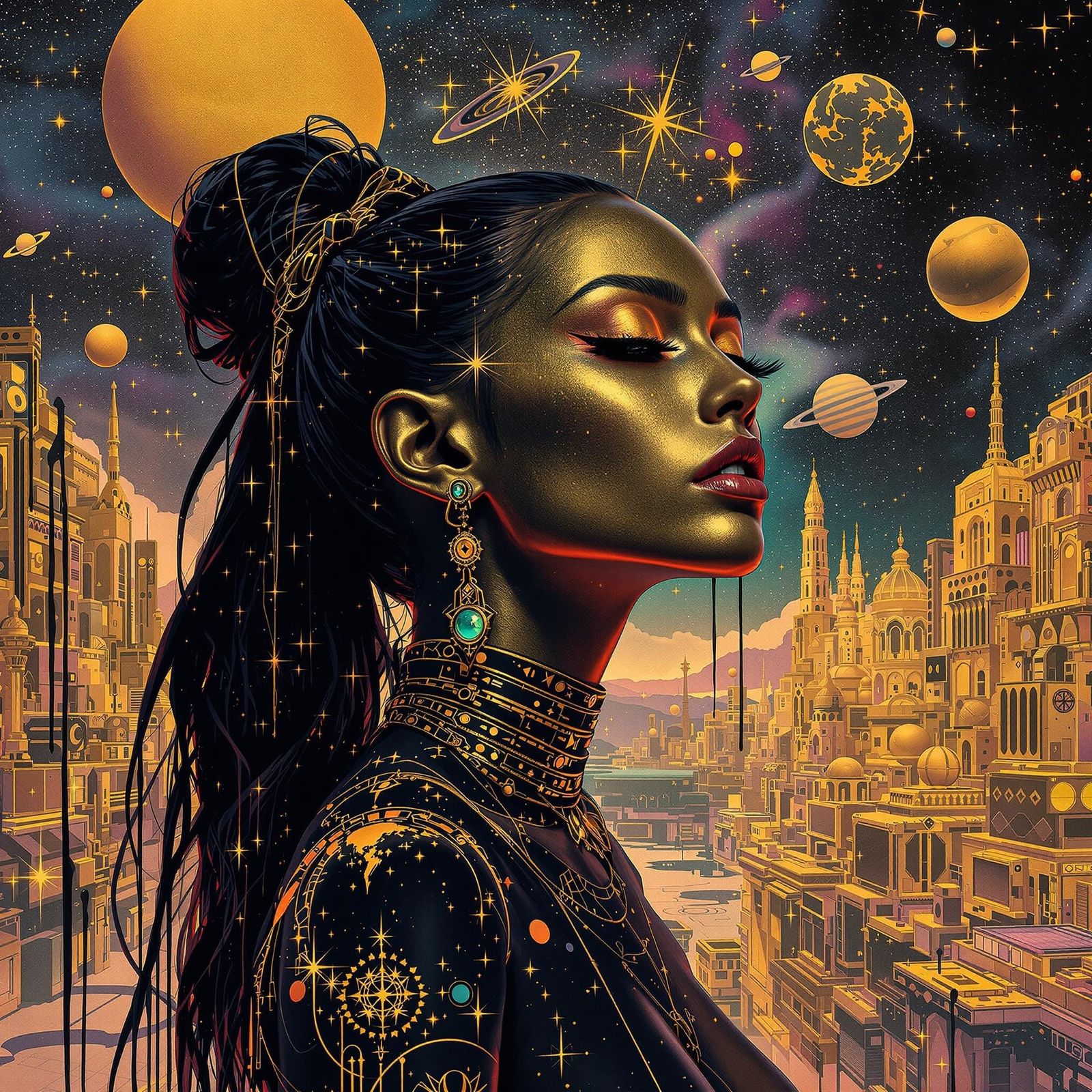 Celestial Woman with Gold Makeup in Retro-Futuristic Galaxy