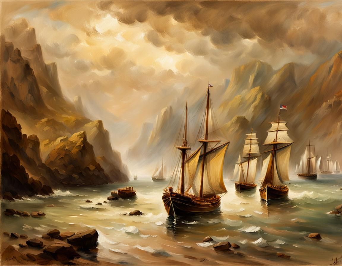 Sailing Ships Find Sanctuary: Impressionist Seascape