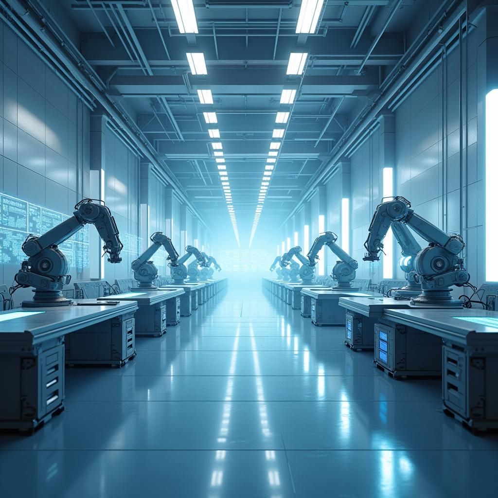 Futuristic Factory Floor with Holographic Interfaces