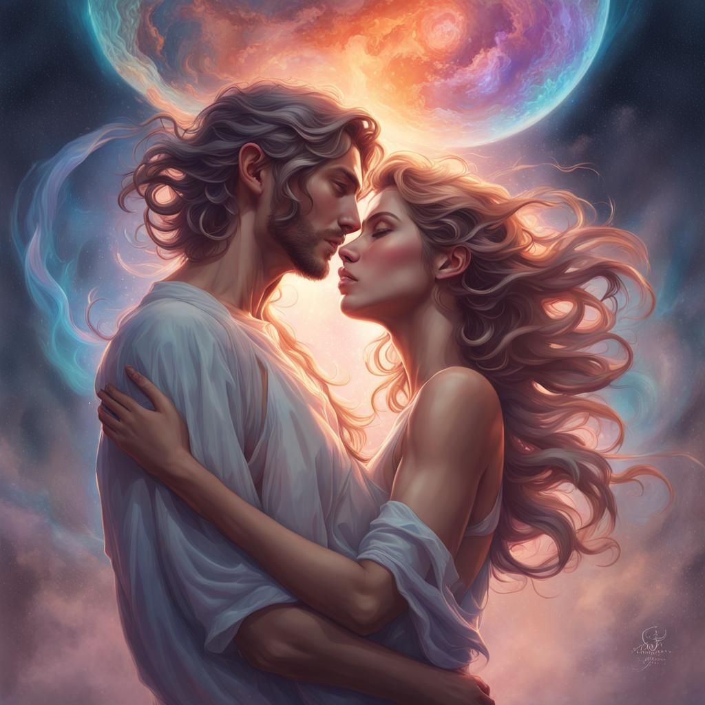 celestial love story. twin flame. astral projection. beautiful couple.
