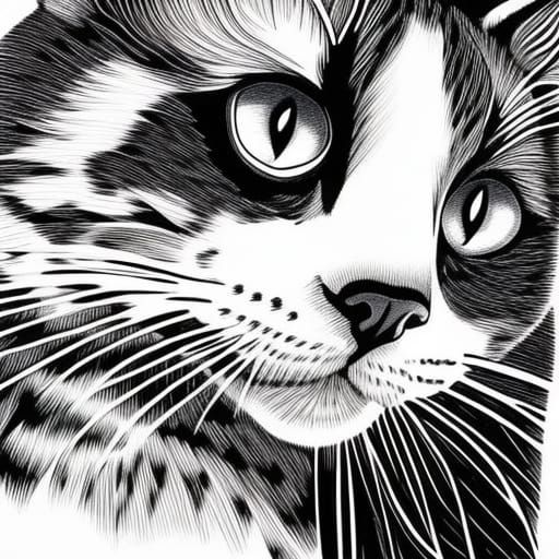 Black and White Ink Drawing of a Cat