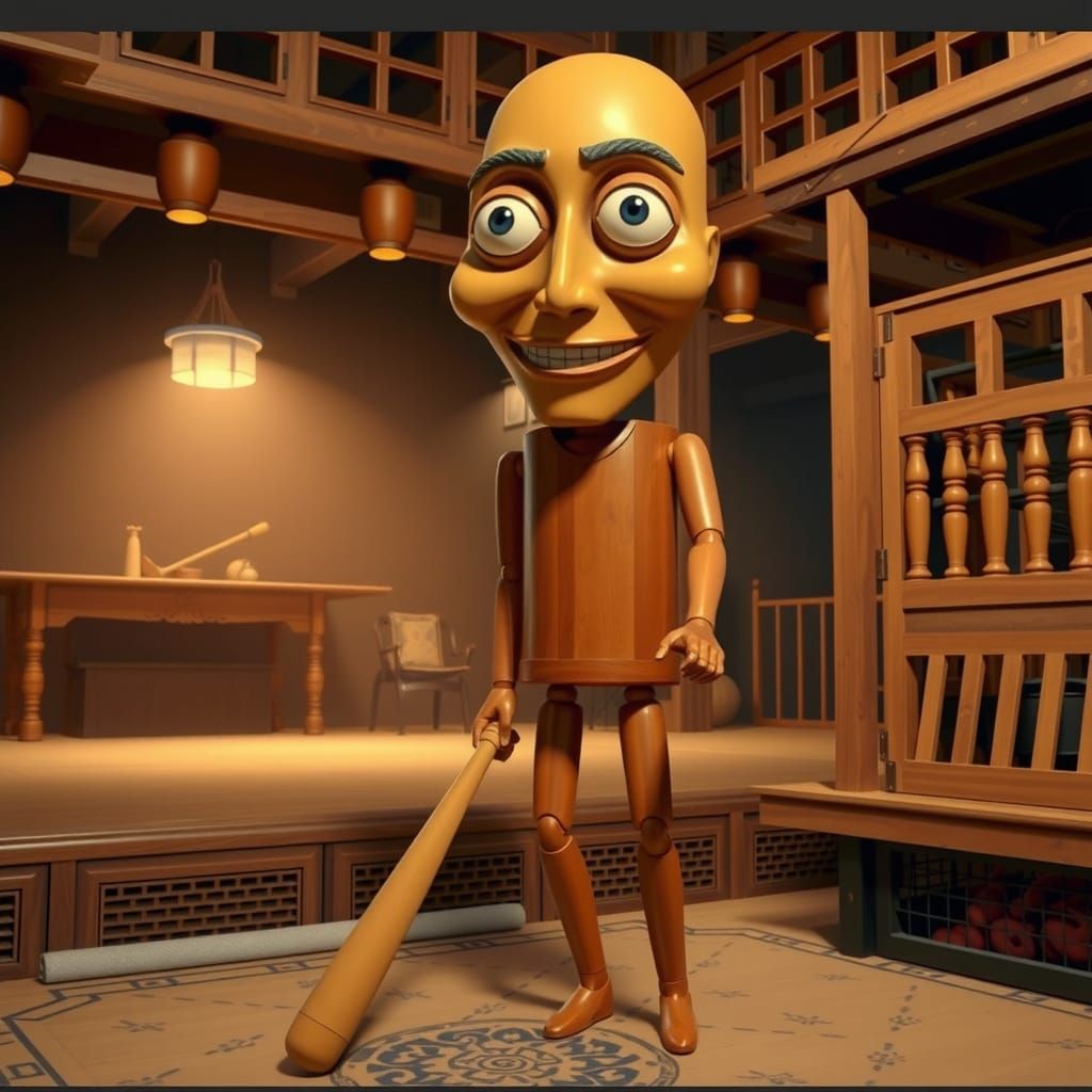 Cheerful Wooden Puppet in Japanese Room: 3D Render