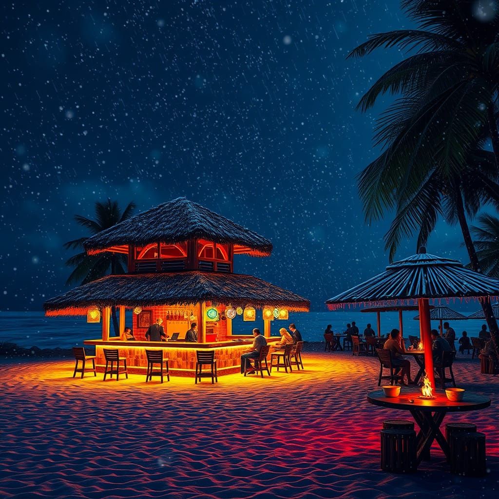 Snowy Jamaican Nightlife: A Surreal Beach Bar Scene