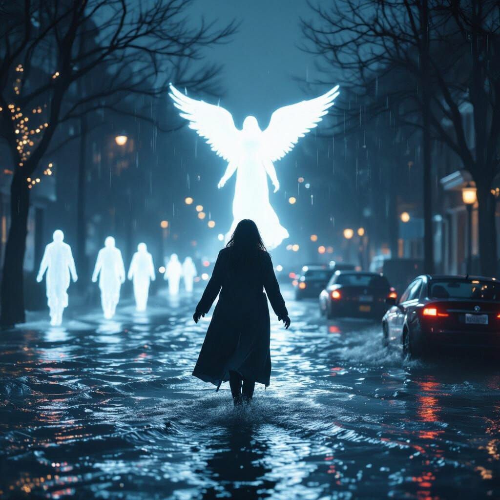 Angelic Figure Aids Woman in Flooded Cityscape at Night