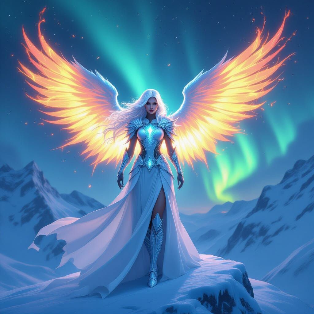 Ice Goddess With Fiery Wings on Frozen Peak