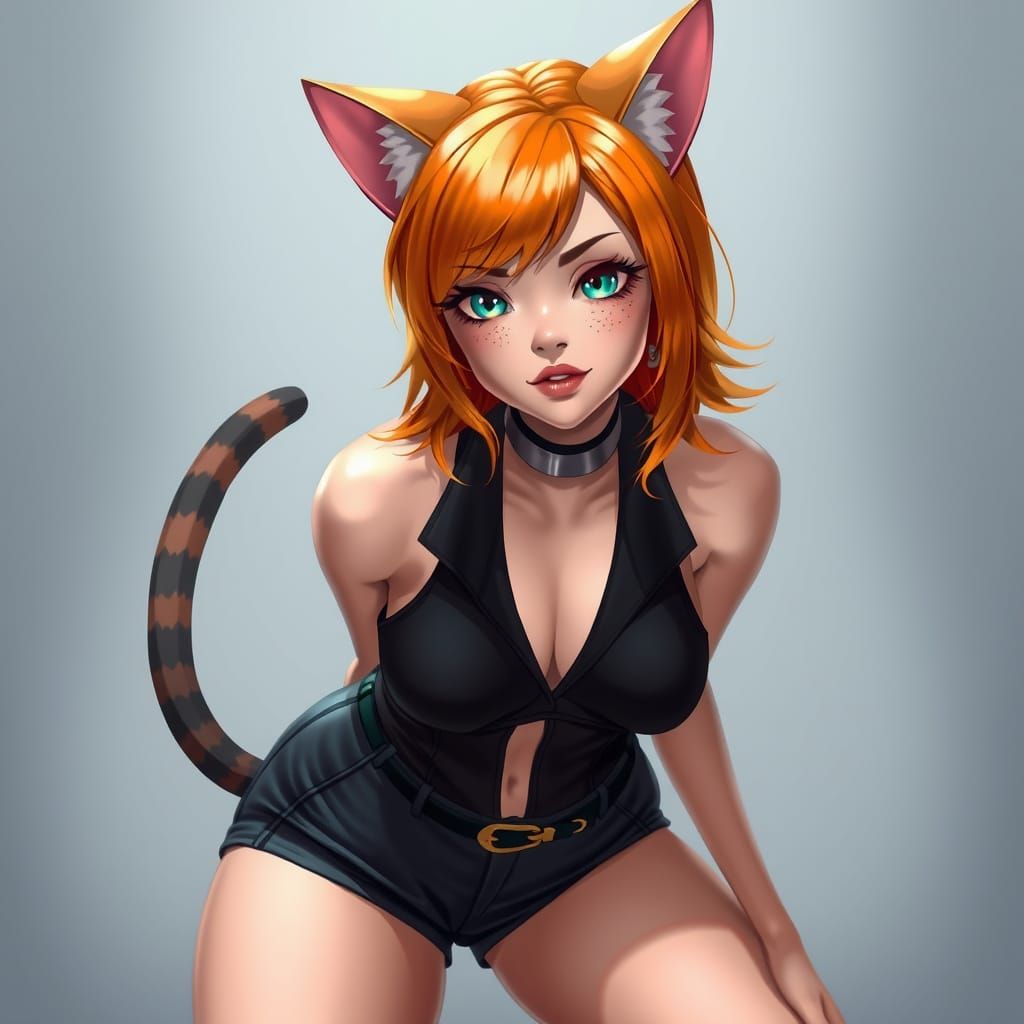 Elegant Woman Adorned with Feline Accents in Vibrant Style