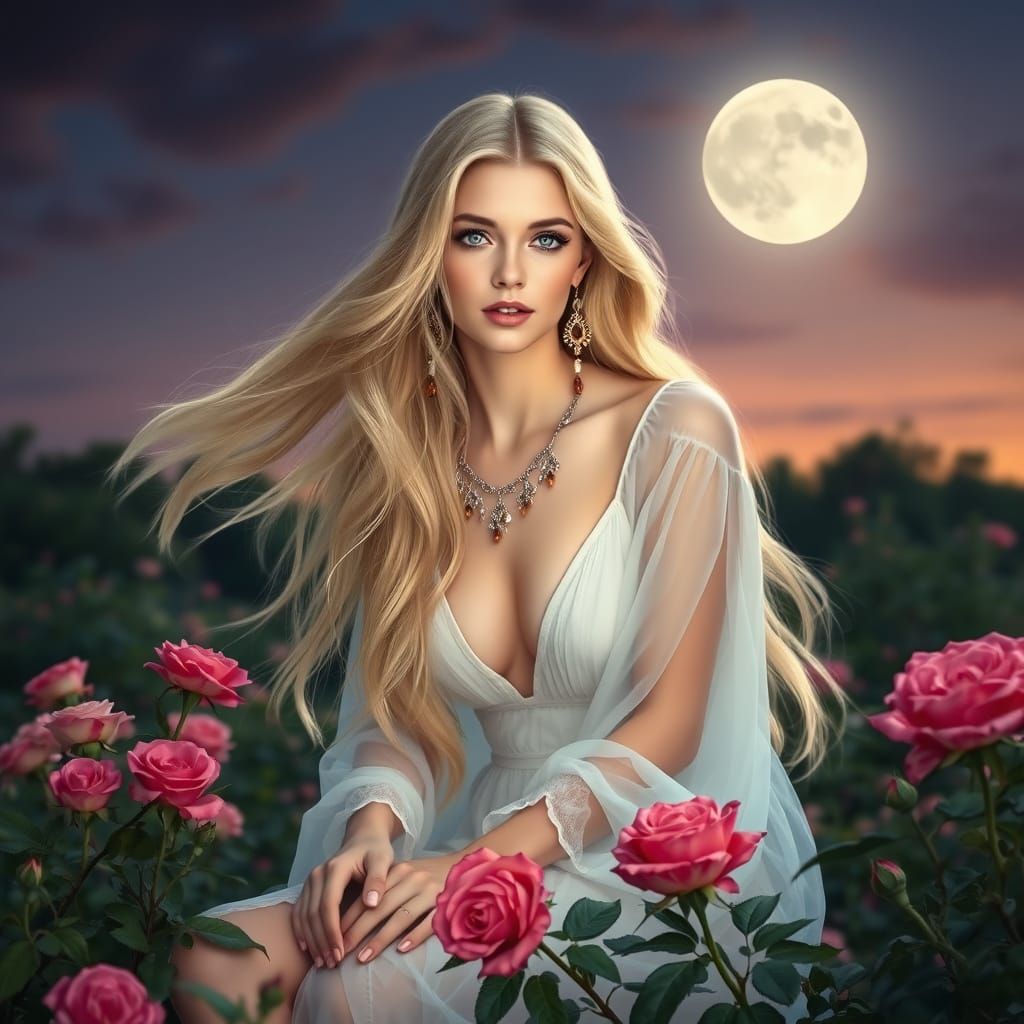 Goddess in a Moonlit Rose Garden