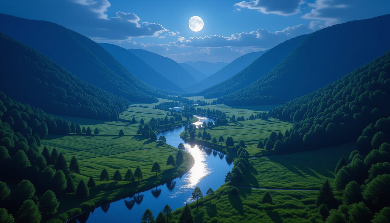Moonlit Valley: Hyperrealistic Landscape Art