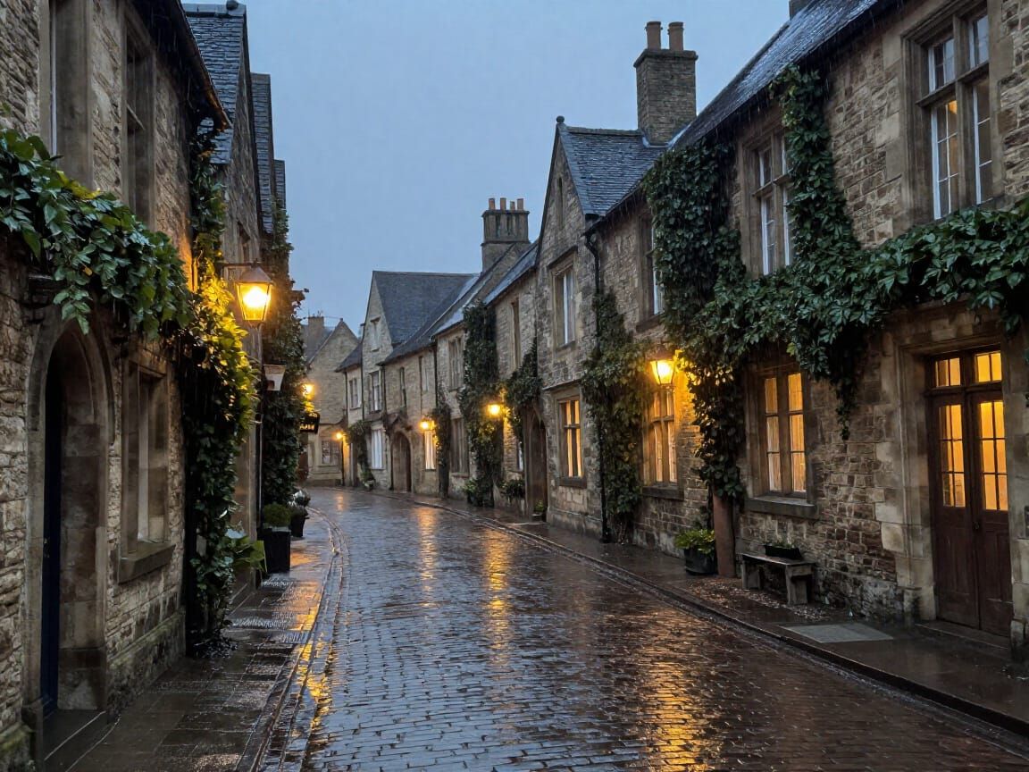 Medieval Street Scene at Dusk in Painterly Style