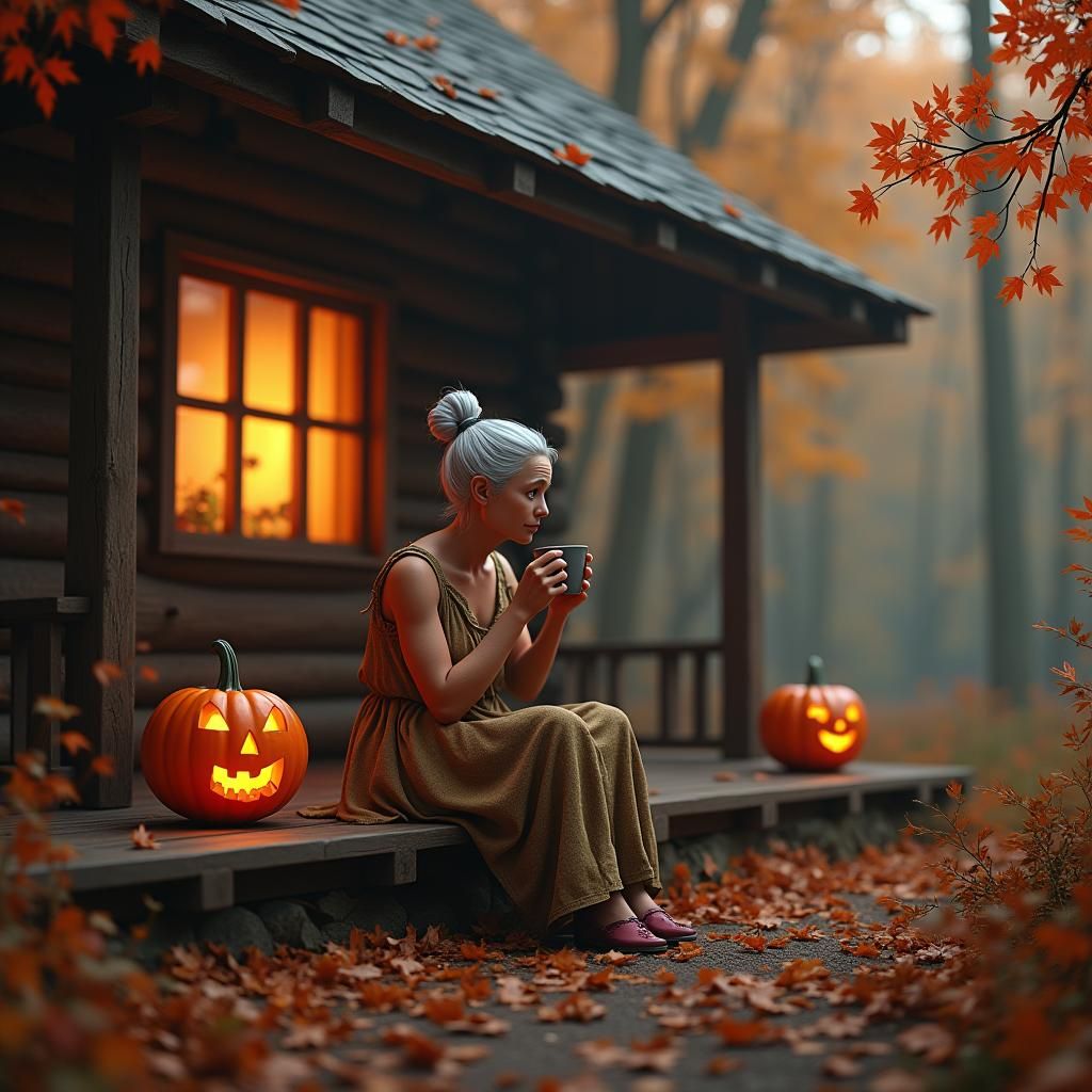 Autumn Cabin Scene in Fantasy Concept Art Style