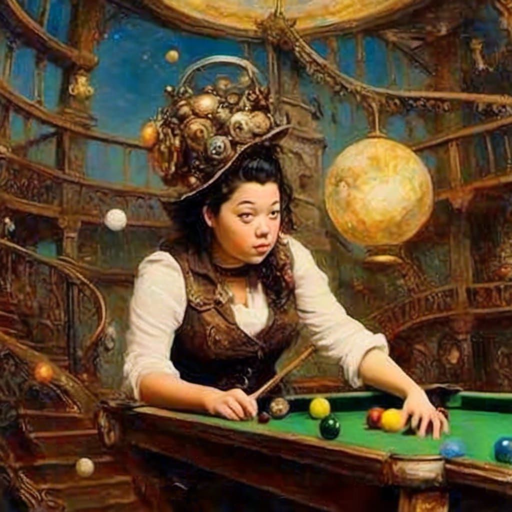 Steampunk Woman Plays Pool in Clockwork Tower