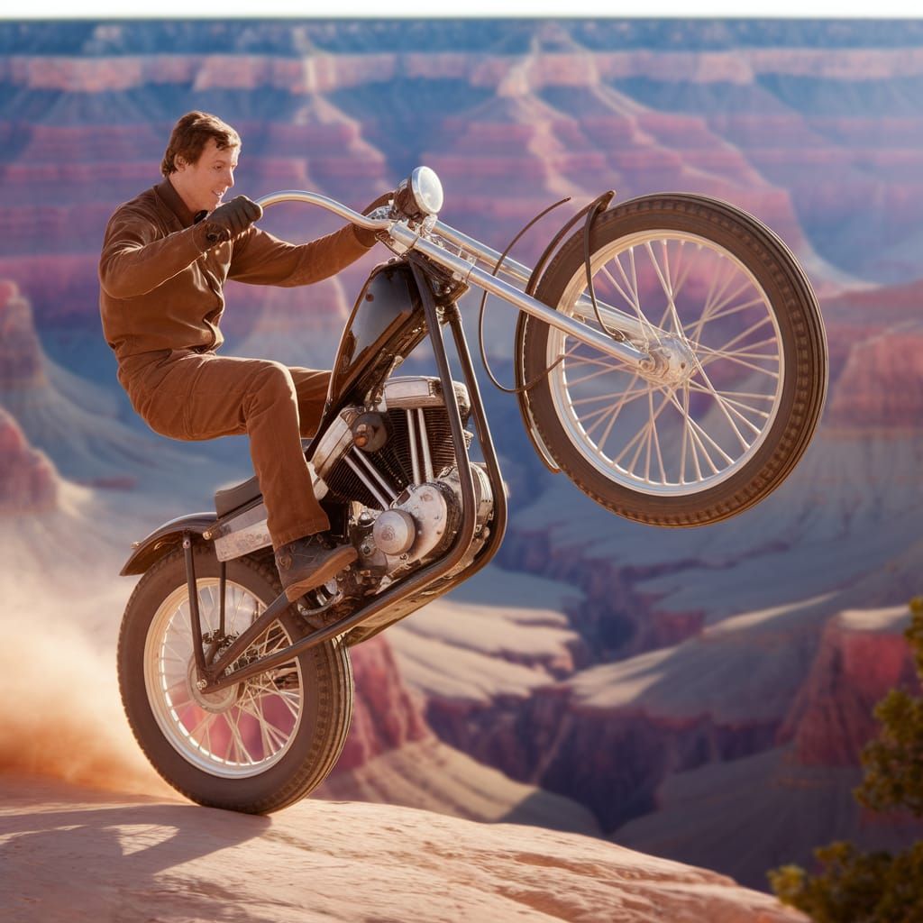 Motorcycle Daredevil Jumps Grand Canyon in Wide Angle Shot