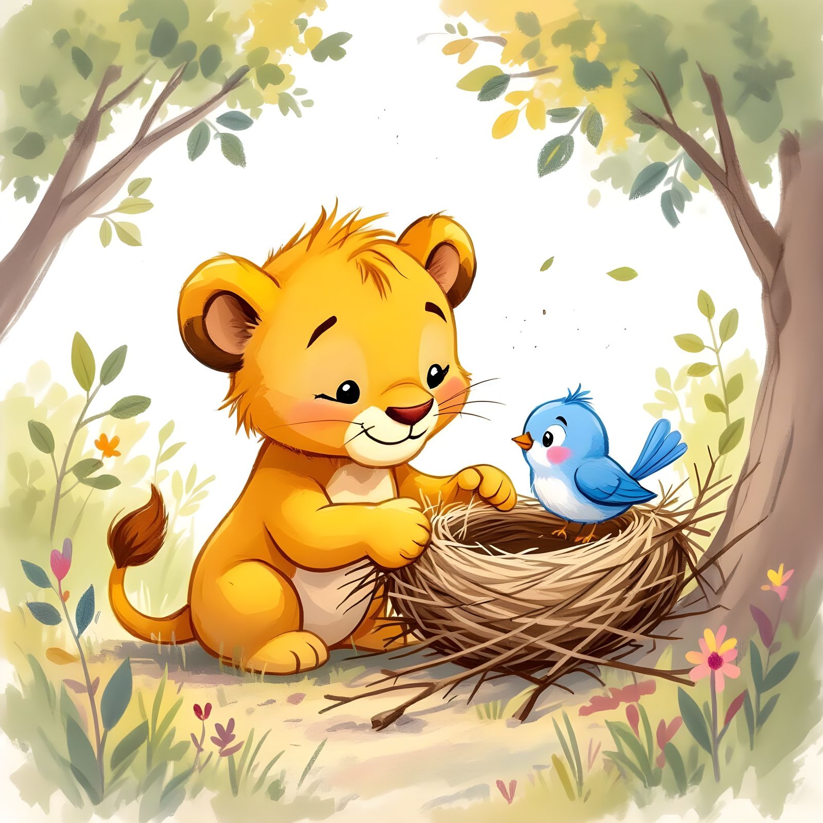 Friendly Lion Helps Bird Rebuild Nest in Tree