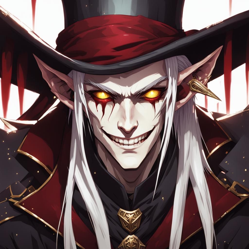 Deco-Punk High Elf with Glowing Eyes and Red Suit