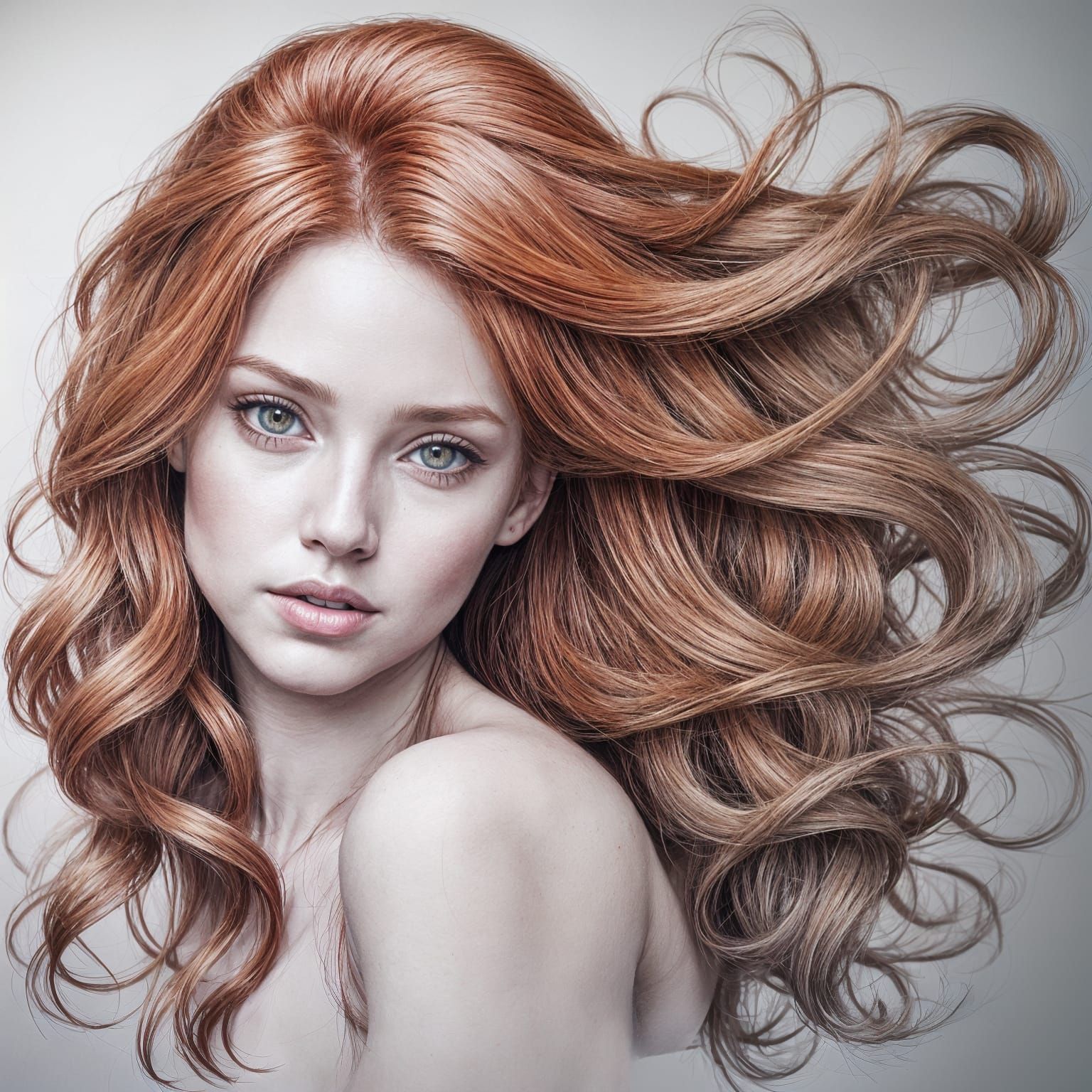 Pencil Sketch of a Girl with Flowing Red Hair