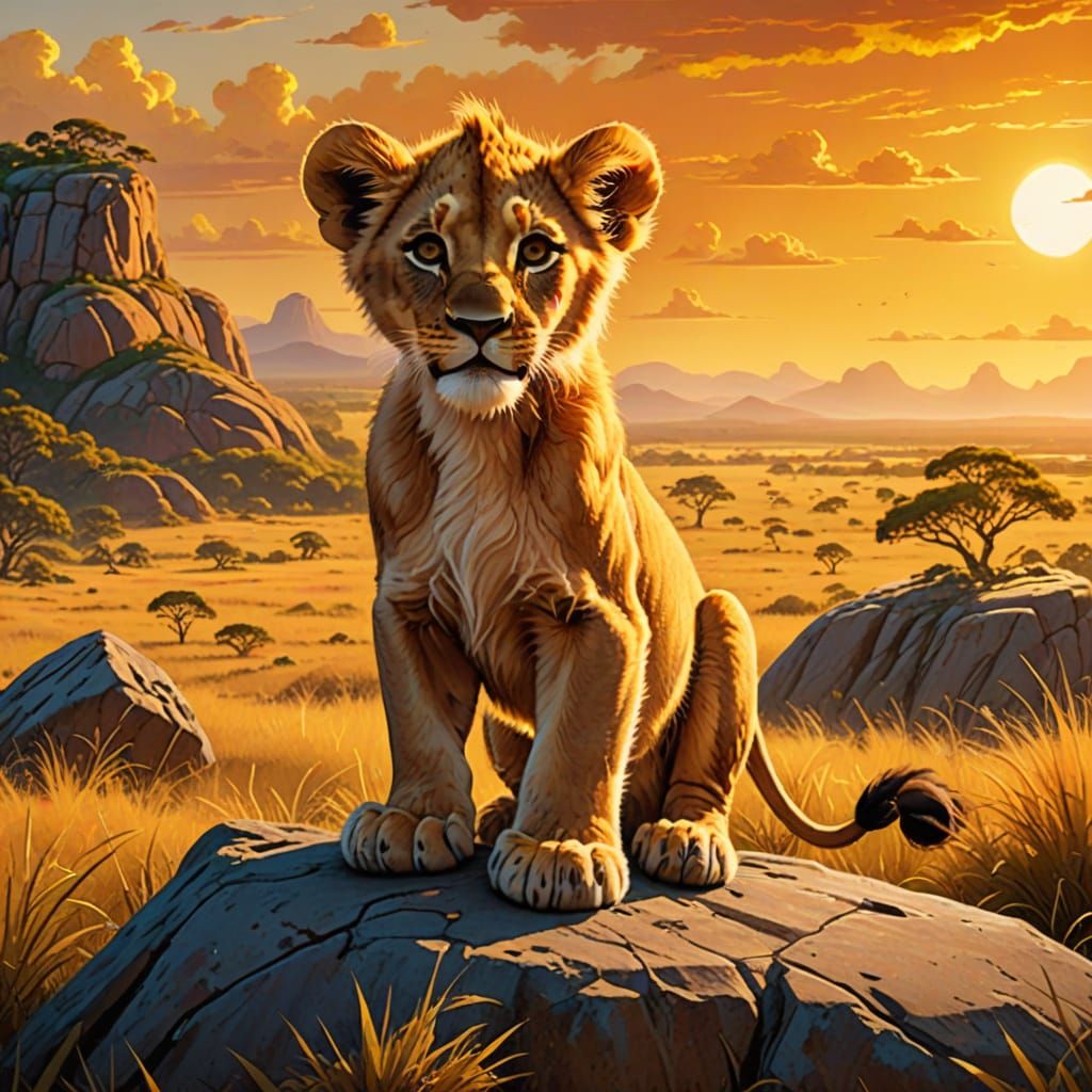 Lion Cub Overlooking Savanna in Enamel Poster Art Style