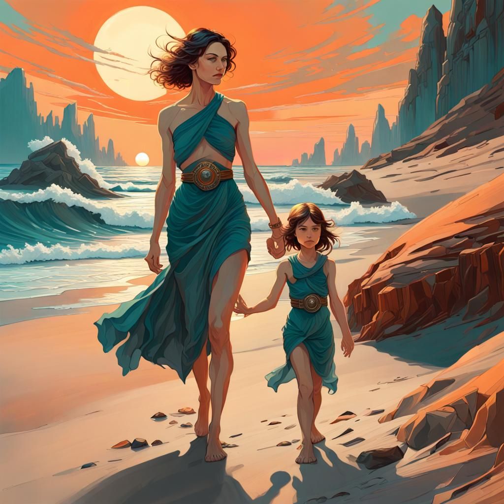 Exoplanetary Beach Walk: Mother and Daughter in Fantasy Styl...