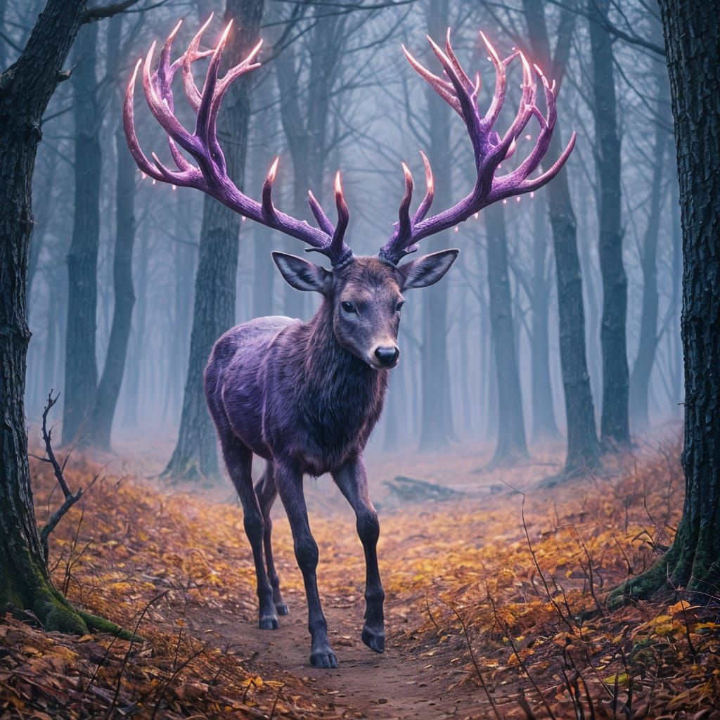 Majestic Amethyst Deer in Purple Crystal Antlers in an Orang...