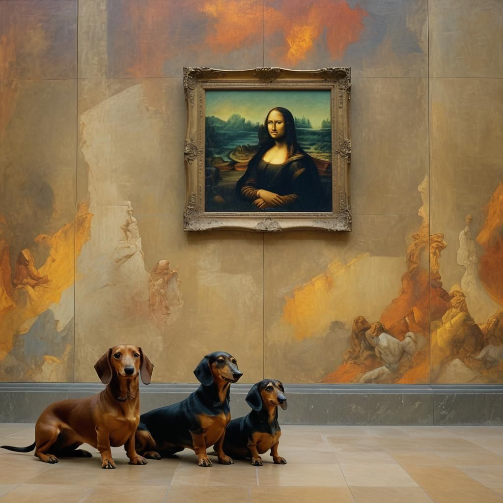 Dachshunds Visit the Louvre in Impressionistic Style