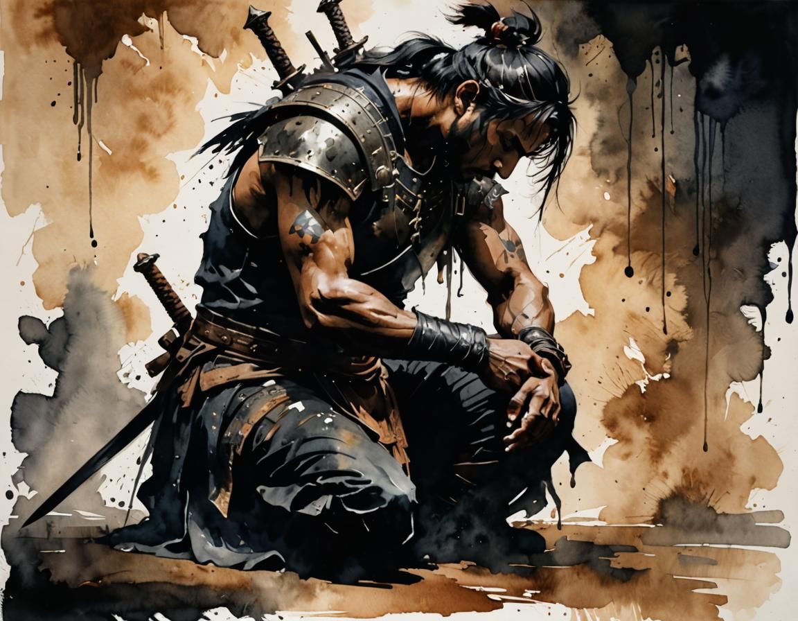 Warrior's Prayer: Vintage Watercolor Art in Moody Style