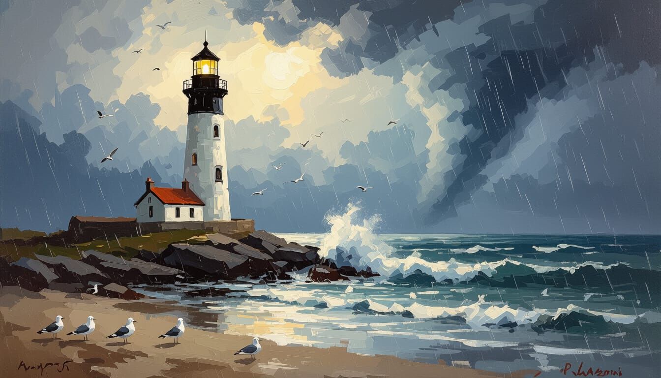 Lighthouse on Stormy Coast in Impasto Style